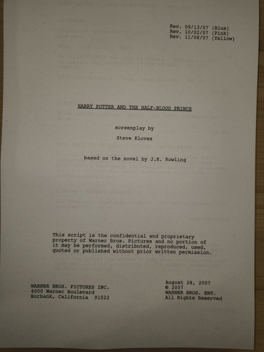 Guión Harry Potter y el Misterio del Príncipe