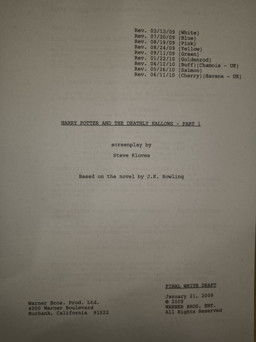 Guión Harry Potter y las Reliquias de la Muerte – Parte 1