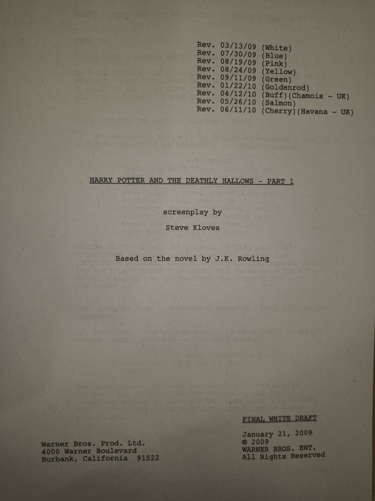 Guión Harry Potter y las Reliquias de la Muerte – Parte 1