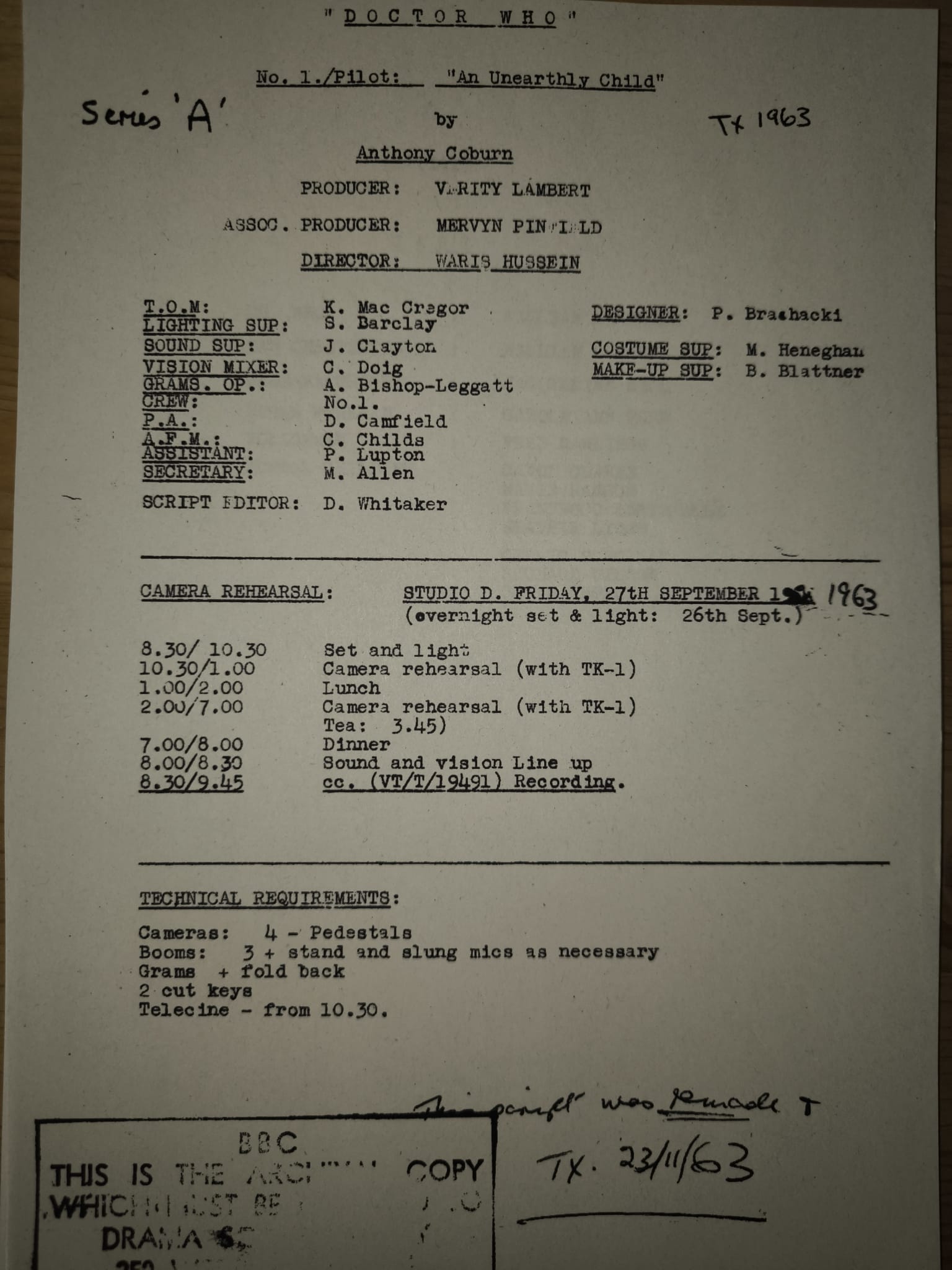 Replica del Guion original – Doctor Who (1963)Episodio 1: An Unearthly Child