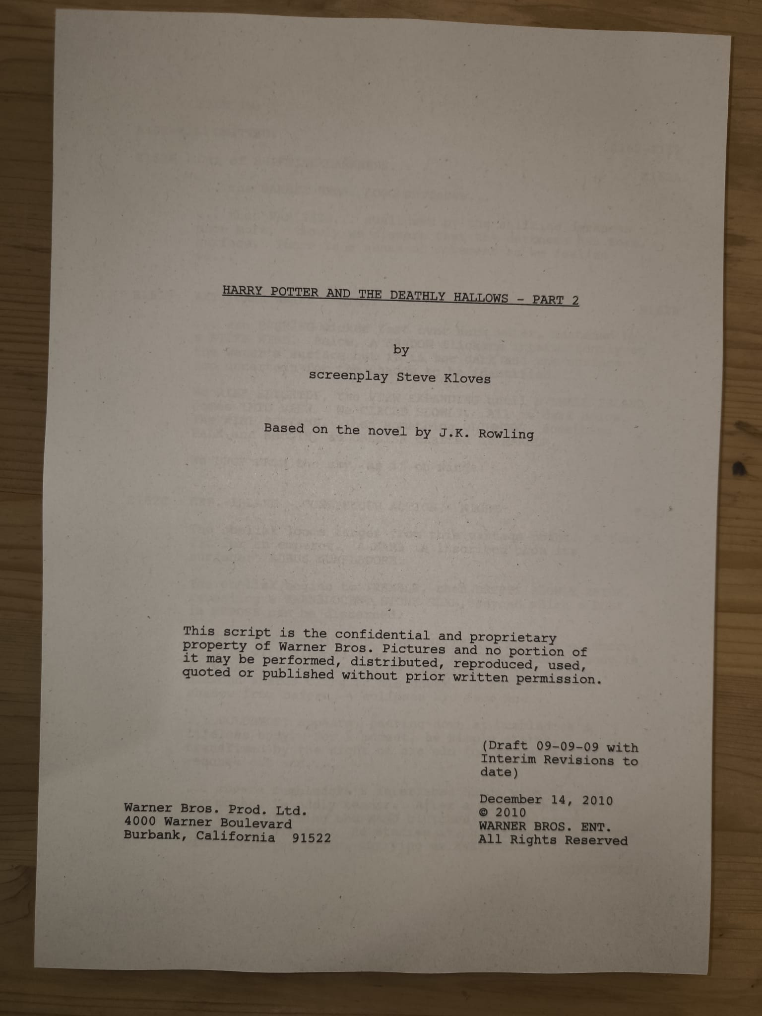 Guión Harry Potter y las Reliquias de la Muerte – Parte 2