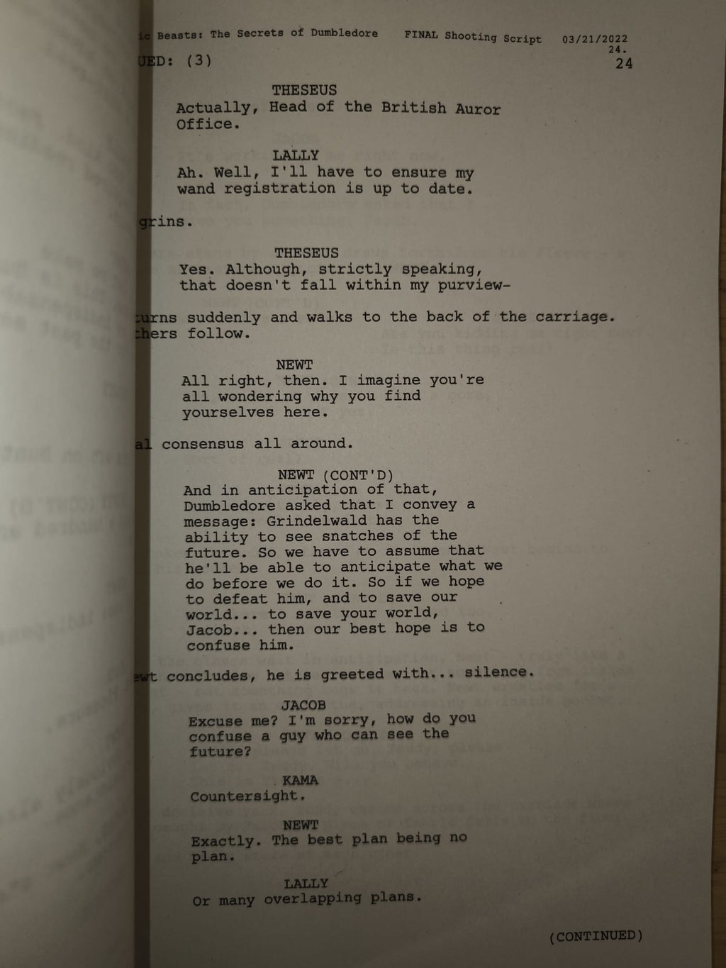 Guión Animales fantásticos: Los secretos de Dumbledore.
